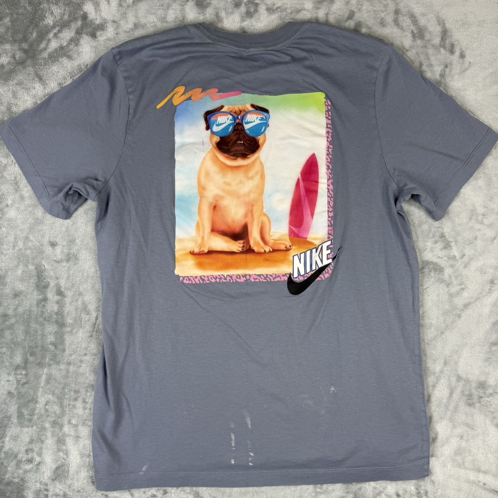 Nike T-Shirt Beach Pug Graphic Tee Size Large Gray Short Sleeve Men's